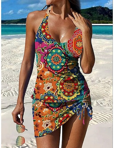 Swimwear Tankini Skirt Swimsuit Halter Vacation Graphic Geometic V Neck Sleeveless Bathing Suits