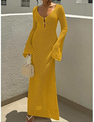 Swimwear Cover Up Swim Dress Swimsuit Crochet Vacation Beach Wear Color V Neck Long Sleeve Bathing Suits
