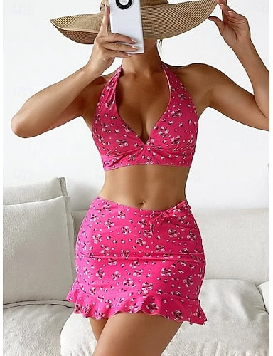 Bikini 3 Piece Swimsuit With Skirt Skirt Slim Backless Vacation Beach Wear Halter Neck Sleeveless Bathing Suits