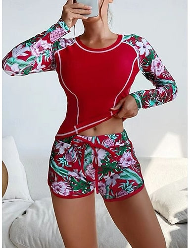 Tankini 2 Piece Swimsuit Palm Rash Guard Shorts Tummy Control High Waist Slim Backless Vacation Beach Wear Round Neck Long Sleeve Bathing Suits