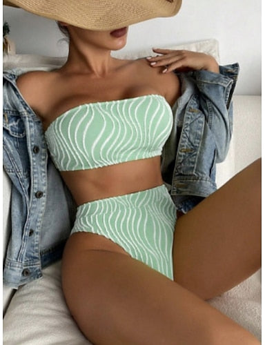 Swimwear Bikini 2 Piece Briefs Swimsuit Slim Backless Vacation Beach Wear Stripe Strapless Sleeveless Bathing Suits