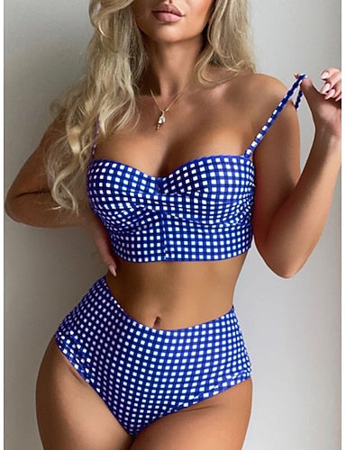 Bikini 2 Piece Swimsuit Underwire Cheeky Slim Backless Vacation Beach Wear Plaid Halter Neck Sleeveless Bathing Suits