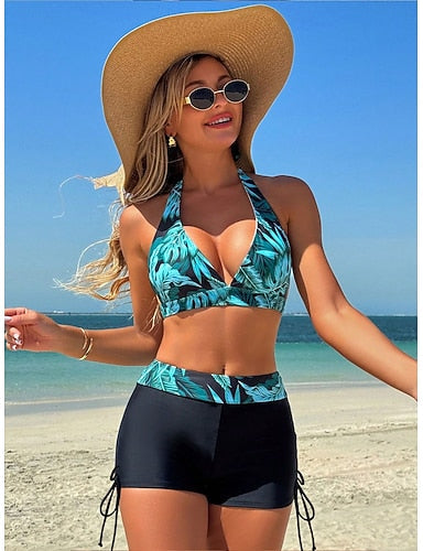 Bikini 2 Piece Swimsuit Palm High Waist Backless Vacation Beach Wear Graphic V Neck Sleeveless Bathing Suits