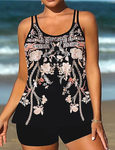 Swimwear 2 Piece Shorts Swimsuit Backless Vacation Beach Wear Graphic Round Neck Sleeveless Bathing Suits