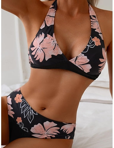 Swimwear Bikini Tankini Cheeky Swimsuit Knit Backless Beach Wear Flower Plunge Sleeveless Bathing Suits