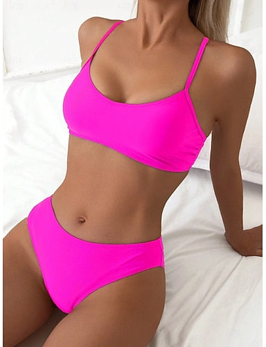 Bikini 2 Piece Swimsuit Cheeky Slim Backless Vacation Beach Wear Color V Neck Sleeveless Bathing Suits