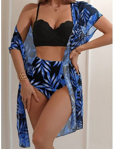 Bikini 3 Piece Swimsuit Palm Briefs Slim Backless Vacation Beach Wear Leaves V Neck Sleeveless Bathing Suits