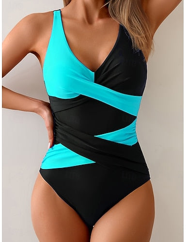 One Piece Swimsuit Slimming Ruched Colorblock Monokini High Cut Tummy Control High Waist Slim Backless Vacation Graphic V Neck Sleeveless Bathing Suits