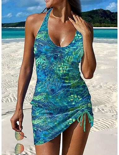 Swimwear One Piece Skirt Swimsuit Vacation Graphic Geometric Sleeveless Bathing Suits