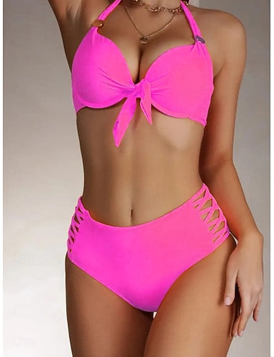 Swimwear Bikini 2 Piece Swimsuit Cut Out Backless Vacation Beach Wear Plain Halter Neck Sleeveless Bathing Suits
