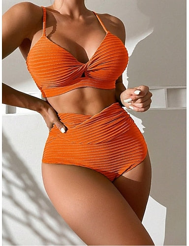 Bikini 2 Piece Swimsuit Ruched Underwire Briefs Slim Backless Vacation Beach Wear Color V Neck Sleeveless Bathing Suits