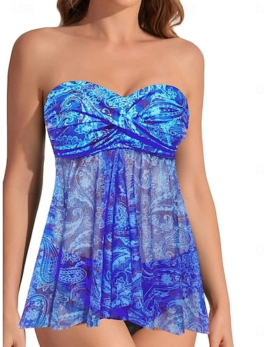 Tankini 2 Piece Swimsuit Underwire Cheeky Tummy Control High Waist Slim Backless Vacation Beach Wear Strapless Sleeveless Bathing Suits