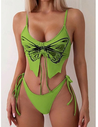 Bikini 2 Piece Swimsuit Tie Side Slim Backless Vacation Beach Wear Butterfly V Neck Sleeveless Bathing Suits