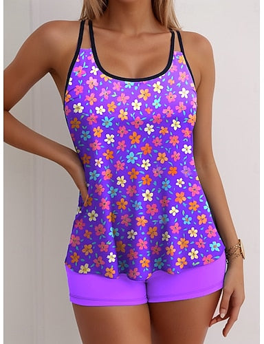 Tankini 2 Piece Swimsuit High Waist Backless Vacation Beach Wear Graphic U Neck Sleeveless Bathing Suits
