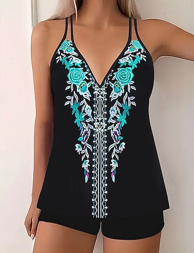 Swimwear 2 Piece Shorts Swimsuit Backless Vacation Beach Wear Graphic V Neck Sleeveless Bathing Suits