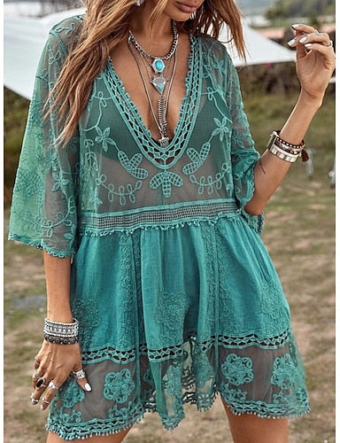 Swimwear Cover Up Swim Dress Swimsuit Lace Vacation Beach Wear Color V Neck Long Sleeve Bathing Suits