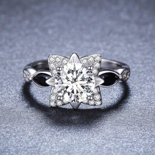 Black Spinel Flower Silver Ring