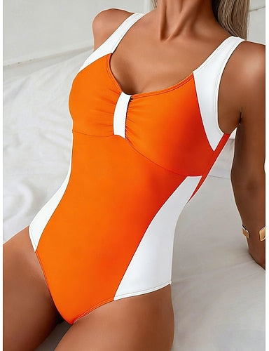 Swimwear One Piece Monokini Cheeky Swimsuit Tummy Control High Waist Slim Backless Vacation Color Graphic U Neck Sleeveless Bathing Suits