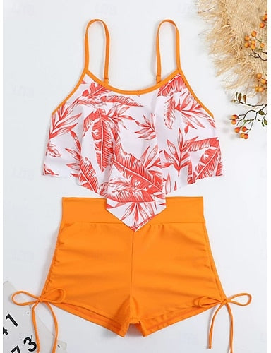 Tankini 2 Piece Swimsuit Palm Boy Leg Tummy Control High Waist Slim Backless Vacation Beach Wear Leaves Scoop Neck Sleeveless Bathing Suits
