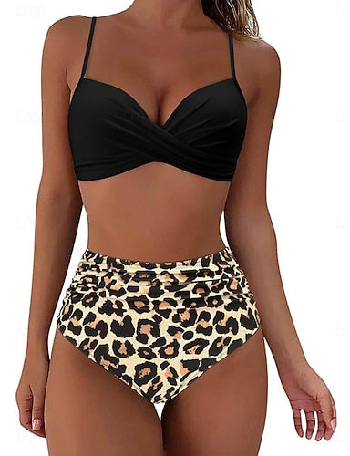 Bikini 2 Piece Swimsuit Ruched Underwire Briefs Slim Backless Vacation Beach Wear Graphic V Neck Sleeveless Bathing Suits