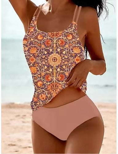 Swimwear Tankini 2 Piece Cheeky Swimsuit Tummy Control High Waist Slim Backless Vacation Beach Wear U Neck Sleeveless Bathing Suits