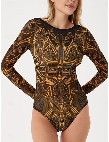 One Piece Swimsuit Slimming Cutout Monokini Tummy Control High Waist Slim Backless Vacation Graphic Geometic Round Neck Long Sleeve Bathing Suits