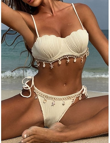 Bikini 2 Piece Swimsuit Underwire Thong Slim Backless Vacation Beach Wear Color V Neck Sleeveless Bathing Suits