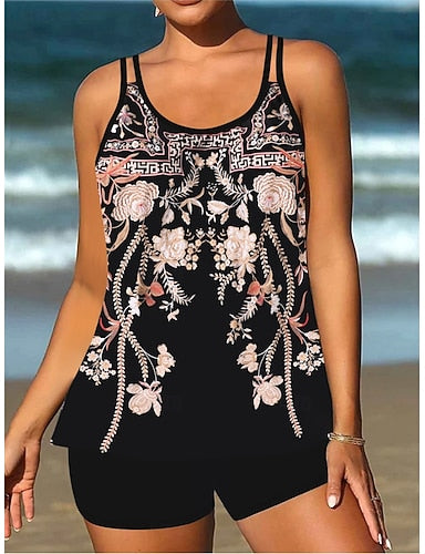 Tankini 2 Piece Swimsuit Shorts Tummy Control High Waist Slim Backless Vacation Beach Wear Paisley Stripe U Neck Sleeveless Bathing Suits