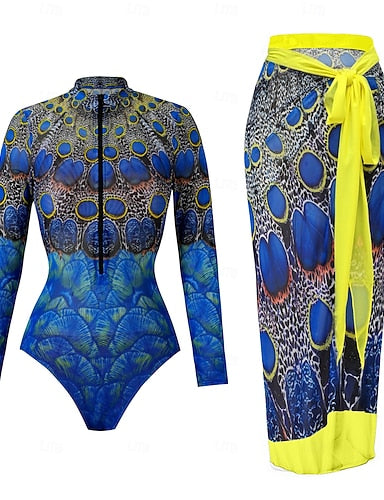 One Piece Swimsuit Slimming With Skirt Monokini Skirt Tummy Control High Waist Slim Backless Vacation Beach Wear Graphic Color Block Round Neck Long Sleeve Bathing Suits
