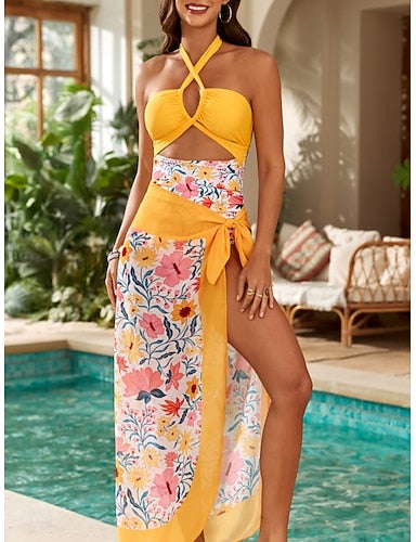 Swimwear One Piece 2 Piece Monokini Skirt Swimsuit Tummy Control High Waist Slim Backless Vacation Beach Wear Striped Halter Neck Sleeveless Bathing Suits