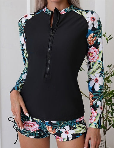 Rash Guard Swimsuit Patchwork Printed 2 Piece Front Zip Quick Dry Lightweight Breathable Long Sleeve Swimwear Swimsuit Surfing Beach Water Sports Summer