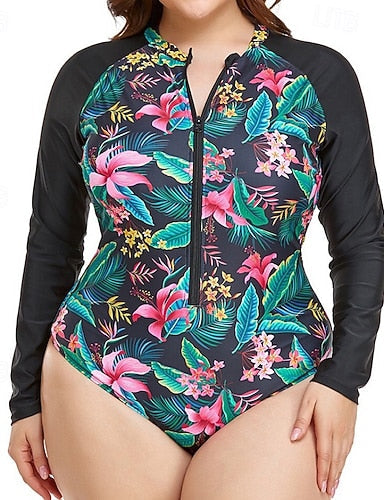 Bathing Suit One Pieces Rash Guard Tropical Zip Up Uv Protection Elastic Long Sleeve Swimwear Surfing Beach Vacation Summer