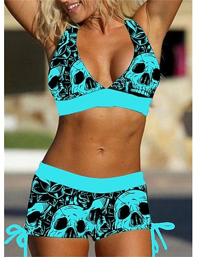 Bikini 2 Piece Swimsuit Open Back Printing Skull White Blue Purple Red V Wire Bathing Suits New Vacation Holiday / Modern / Letter / Flower / Padded Bras