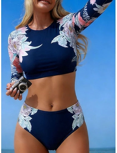 Swimwear Bikini 2 Piece Briefs Swimsuit Slim Backless Vacation Beach Wear Round Neck Long Sleeve Bathing Suits