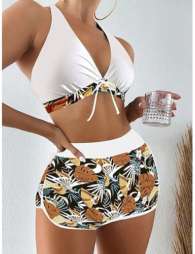 Bikini 2 Piece Swimsuit Palm Shorts Backless Slim Vacation Beach Wear Halter Neck Sleeveless Bathing Suits