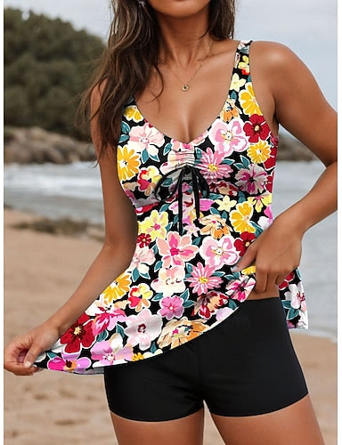 Tankini 2 Piece Swimsuit Boy Leg Backless Tummy Control High Waist Slim Vacation Beach Wear Animal Striped U Neck Sleeveless Bathing Suits