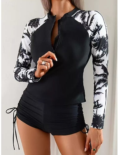 Rash Guard 2 Piece Swimsuit Rash Guard Swimwear Black Upf 50+ Long Sleeve - Surfing Beach Swimming Summer