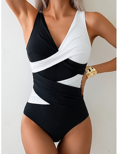 One Piece Swimsuit Ruched Colorblock Monokini High Waist Slim Backless Vacation Color Block V Neck Sleeveless Bathing Suits