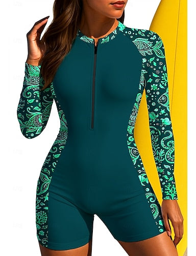 Regular Rash Guard Bathing Suit Boyleg Tropical Zip Up Removable Pad Front Zip Uv Sun Protection Upf50+ Ultra Light (ul) Long Sleeve Swimwear Sun Shirt Surfing Beach Water Sports Summer