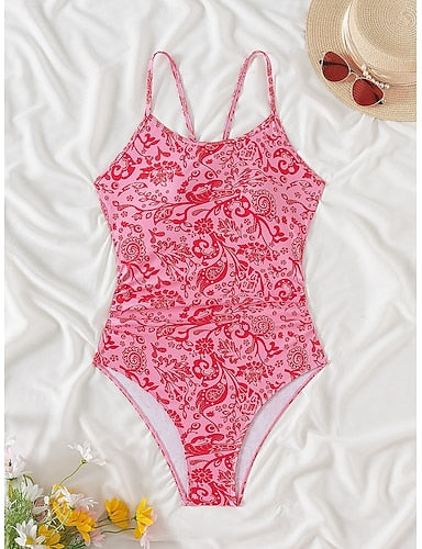 One Piece Swimsuit Slimming Palm Monokini Tummy Control High Waist Slim Backless Vacation Beach Wear Round Neck Sleeveless Bathing Suits