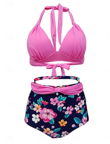 Swimwear Bikini 2 Piece Briefs Swimsuit Slim Backless Vacation Beach Wear Halter Neck Sleeveless Bathing Suits