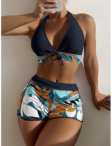 Bikini 2 Piece Swimsuit Palm Shorts Backless Slim Vacation Beach Wear Halter Neck Sleeveless Bathing Suits