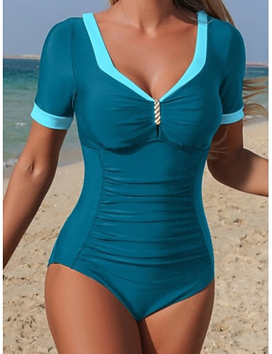 Swimwear One Piece Swimsuit Ruched Patchwork Backless Vacation Beach Wear Plain V Neck Short Sleeves Bathing Suits