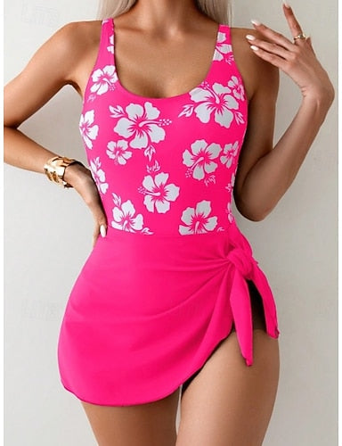 One Piece Swimsuit With Skirt Monokini Skirt Tummy Control High Waist Slim Backless Vacation Graphic U Neck Sleeveless Bathing Suits