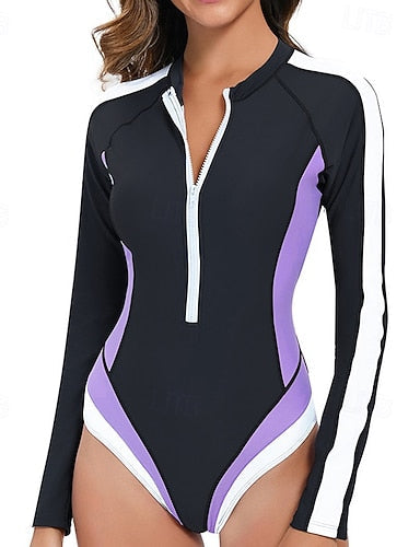Rash Guard Bathing Suit One Piece Swimsuit Patchwork Zip Up Uv Sun Protection Upf50+ Long Sleeve Swimwear Surfing Swimming Summer