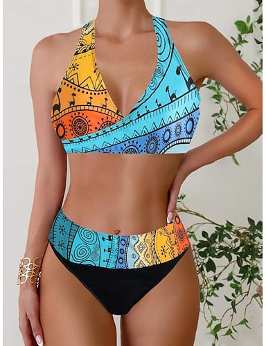 Bikini 2 Piece Swimsuit Cheeky Slim Backless Vacation Beach Wear Geometric Color Block V Neck Sleeveless Bathing Suits