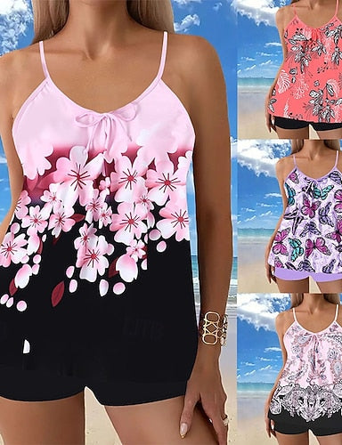 Swimwear 2 Piece Shorts Swimsuit Backless Vacation Beach Wear Graphic U Neck Sleeveless Bathing Suits