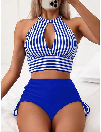 Tankini 2 Piece Swimsuit Ruched Briefs Tummy Control High Waist Slim Backless Vacation Beach Wear Striped Halter Neck Sleeveless Bathing Suits