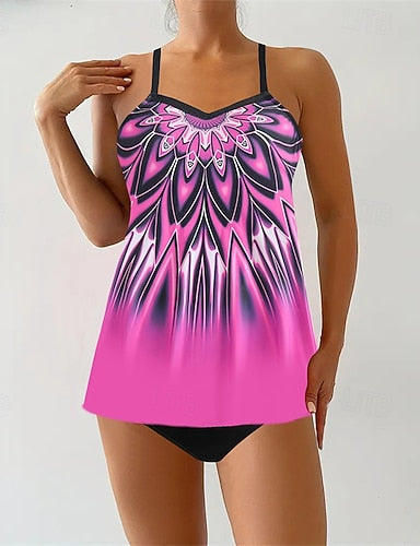 Tankini Two Piece Swimsuit V Neck Racerback Swimwear Swimwear Orange Green Breathable Quick Dry Lightweight Sleeveless - Swimming Surfing Beach Summer Spring