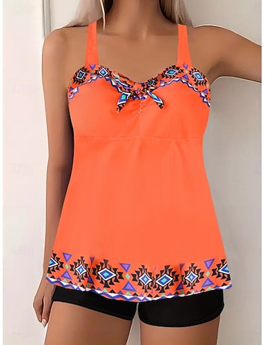 Tankini 2 Piece Swimsuit Shorts Tummy Control High Waist Slim Backless Vacation Beach Wear Graphic Geometic V Neck Sleeveless Bathing Suits